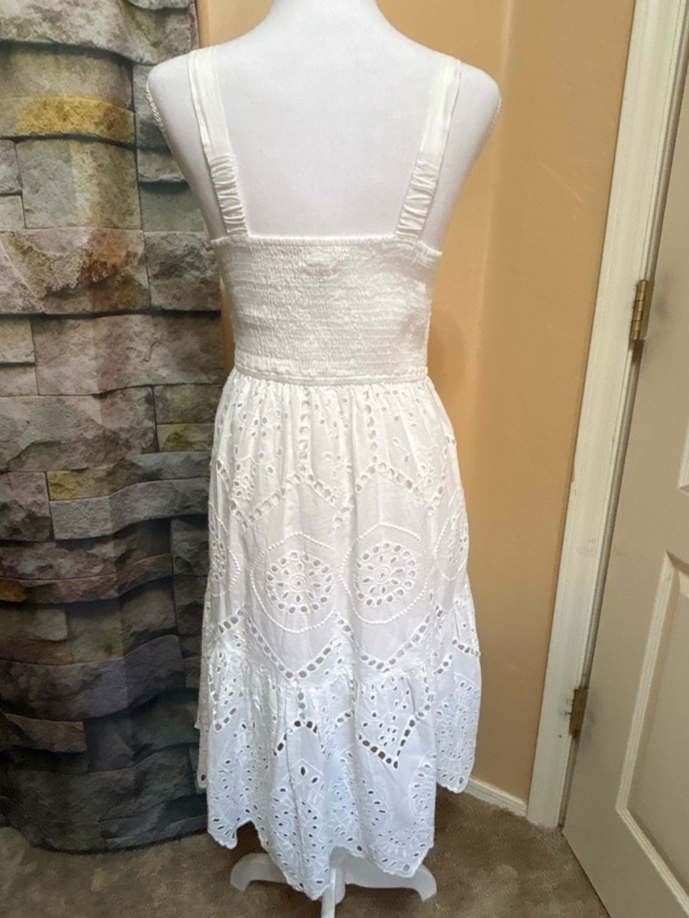 Women's White Eyelet Midi Dress with V-Neck boho cottagecore summer - Picture 2 of 5